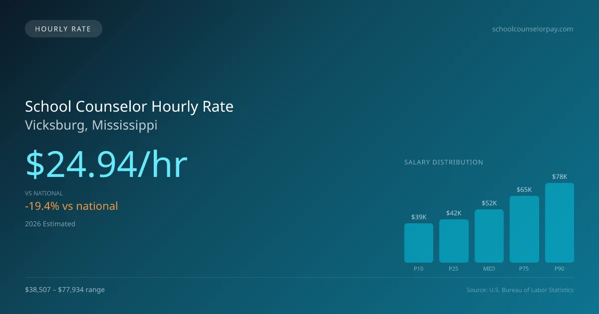 School Counselor Hourly Rate in Vicksburg, MS — 2026 est., based on 2025 BLS